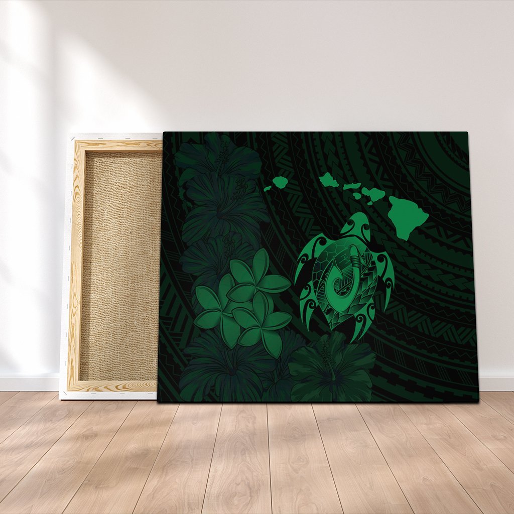 Hawaiian Map Turtle Plumeria Hibiscus Fish Hook Polynesian Canvas Green - AH Canvas Poly-cotton - Polynesian Pride