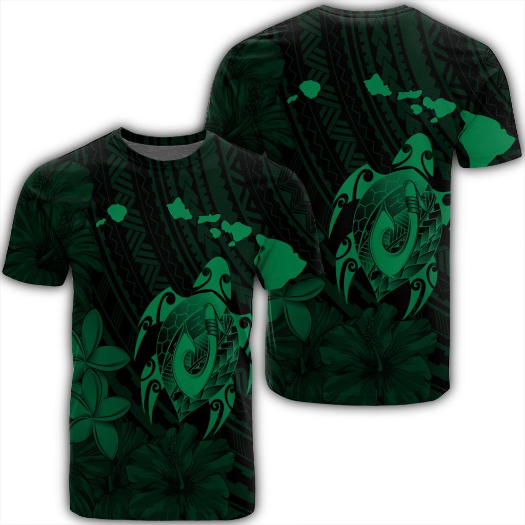 Hawaiian Map Turtle Plumeria Hibiscus Fish Hook Polynesian T Shirt Green AH Unisex Black - Polynesian Pride