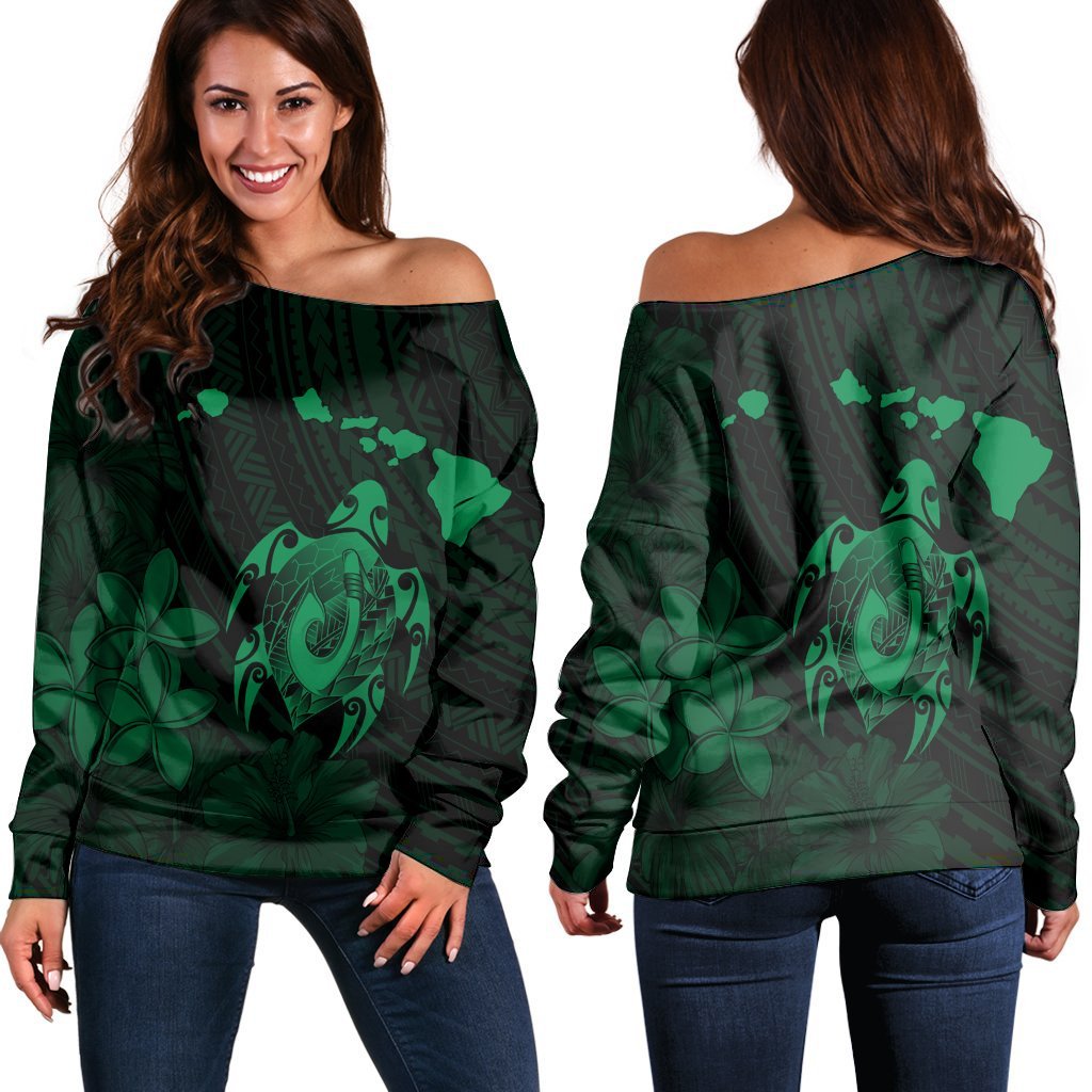 Hawaiian Map Turtle Plumeria Hibiscus Fish Hook Polynesian Women's Off Shoulder Sweater Green - AH Black - Polynesian Pride