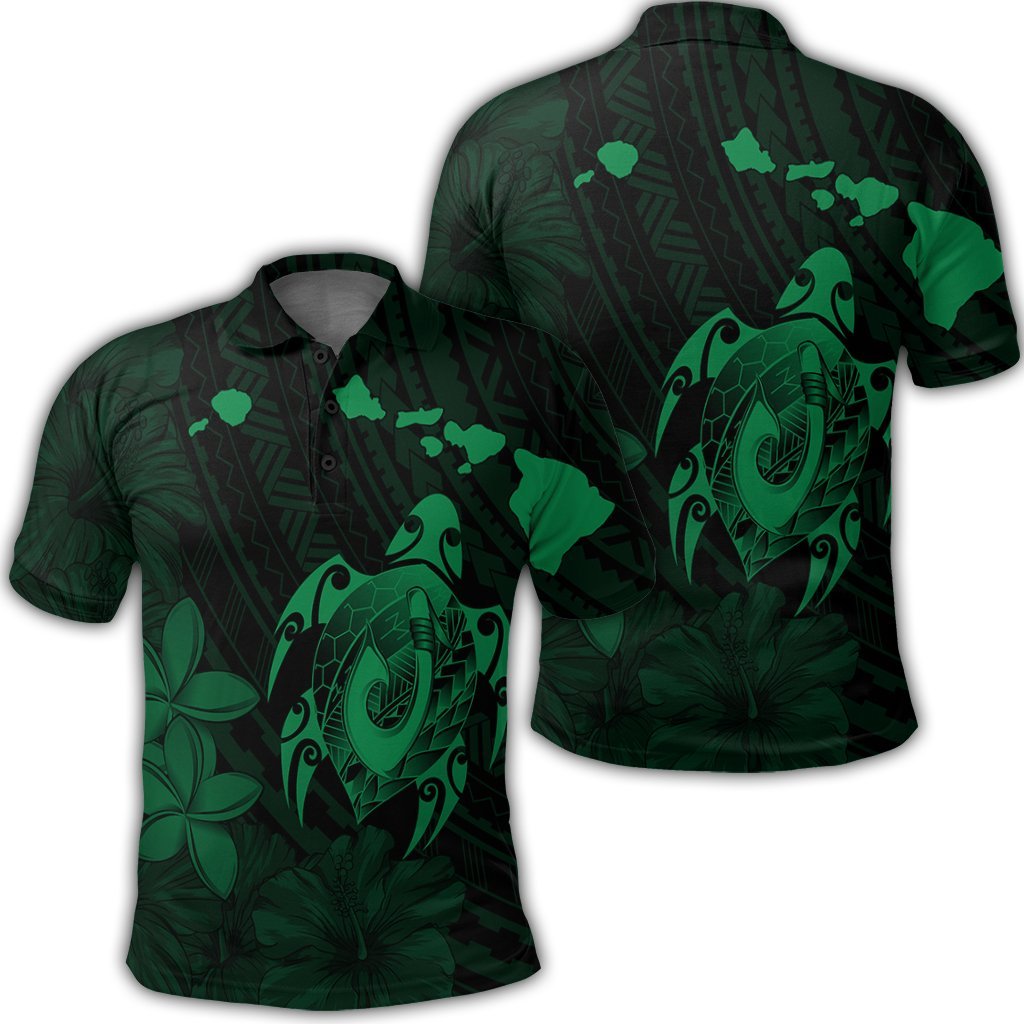 Hawaiian Map Turtle Plumeria Hibiscus Fish Hook Polynesian Polo Shirt Green Unisex Black - Polynesian Pride