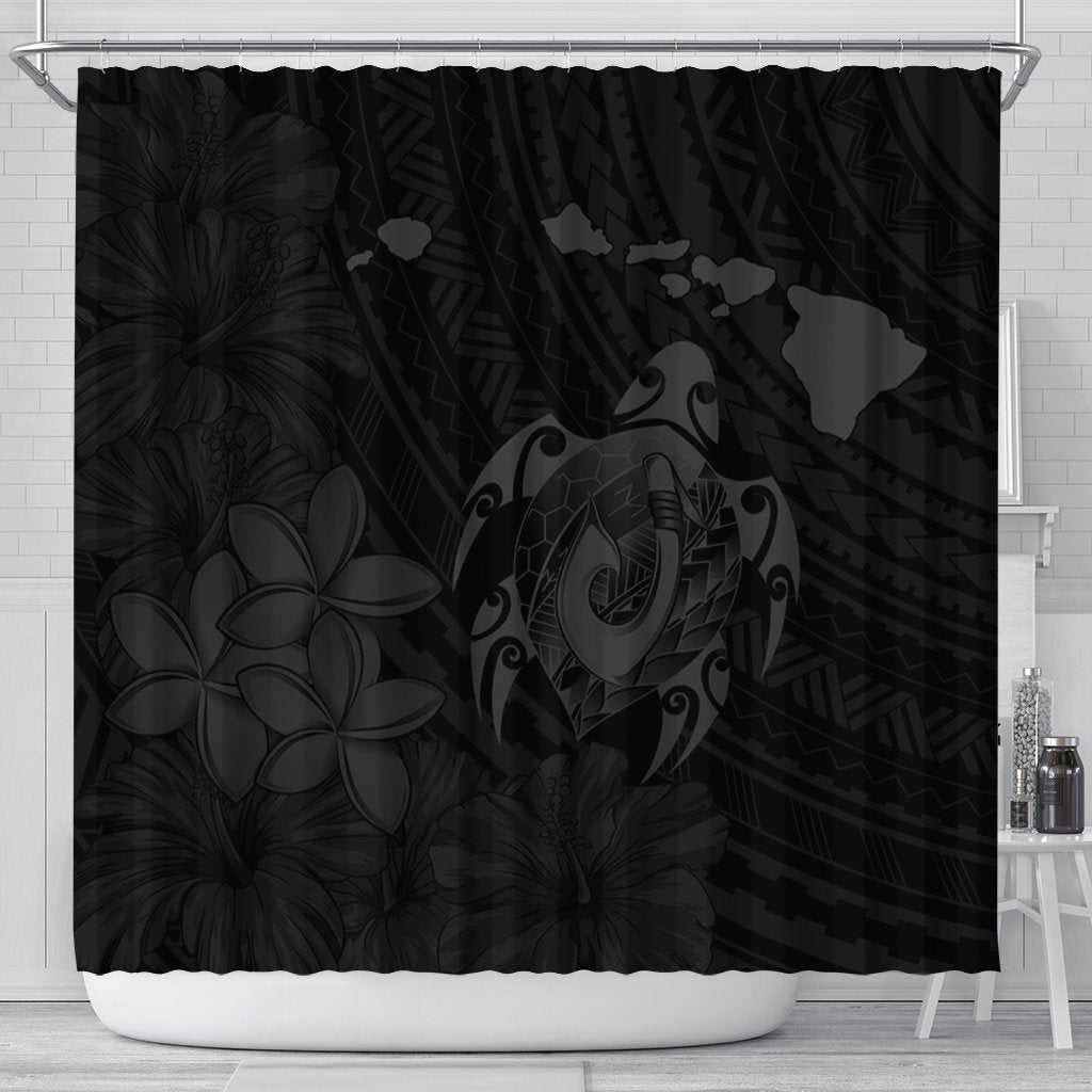 Hawaiian Map Turtle Plumeria Hibiscus Fish Hook Polynesian Shower Curtain Grey - AH 177 x 172 (cm) Black - Polynesian Pride