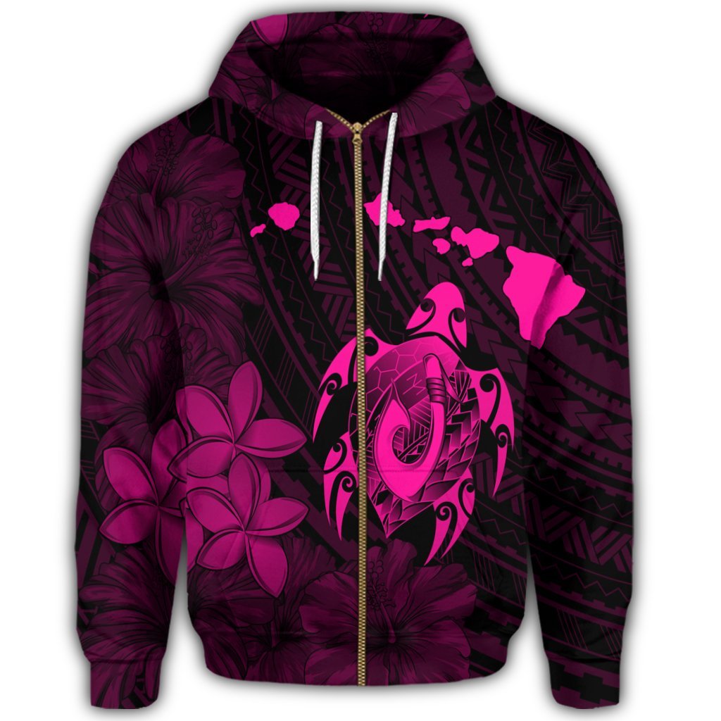 Hawaiian Map Turtle Plumeria Hibiscus Fish Hook Polynesian Zip Hoodie Pink - Polynesian Pride