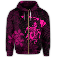 Hawaiian Map Turtle Plumeria Hibiscus Fish Hook Polynesian Zip Hoodie Pink - Polynesian Pride
