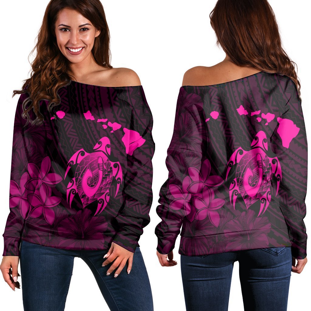 Hawaiian Map Turtle Plumeria Hibiscus Fish Hook Polynesian Women's Off Shoulder Sweater Pink - AH Black - Polynesian Pride