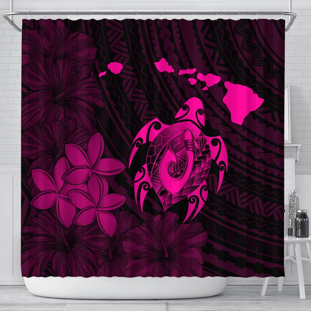 Hawaiian Map Turtle Plumeria Hibiscus Fish Hook Polynesian Shower Curtain Pink - AH 177 x 172 (cm) Black - Polynesian Pride