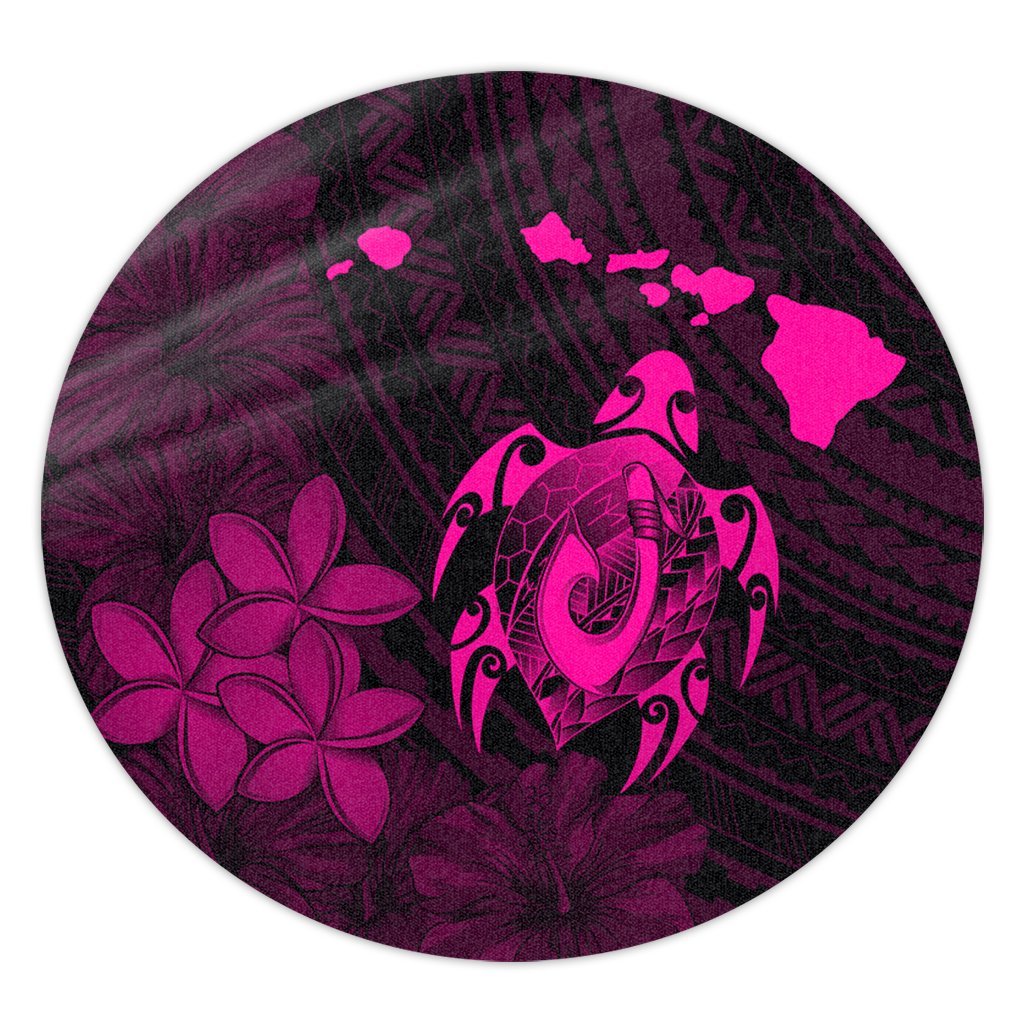 Hawaiian Map Turtle Plumeria Hibiscus Fish Hook Polynesian Round Carpet Pink - AH Round Carpet Luxurious Plush - Polynesian Pride