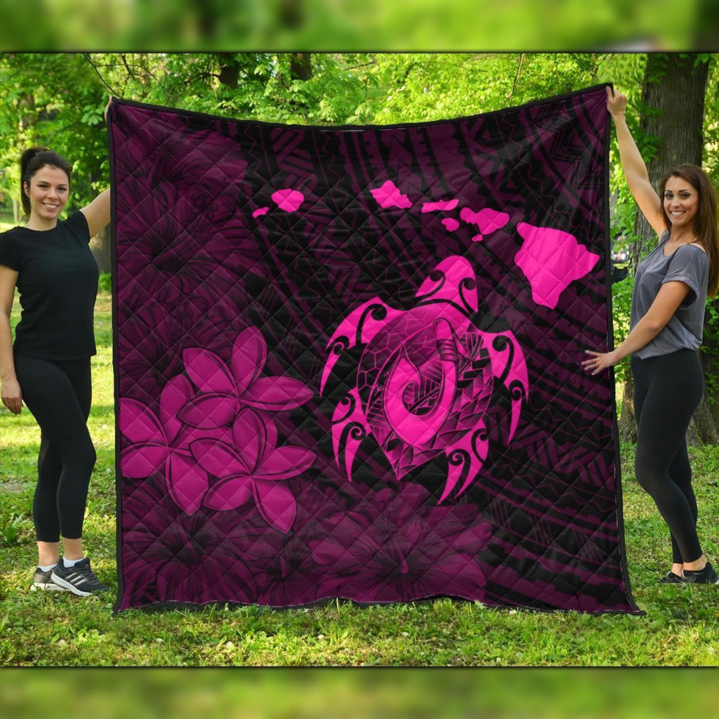 Hawaiian Map Turtle Plumeria Hibiscus Fish Hook Polynesian Premium Quilts Pink - AH Black - Polynesian Pride