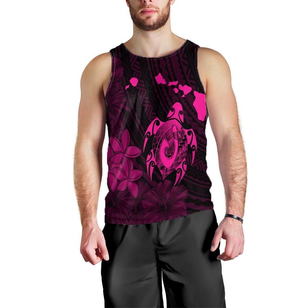 Hawaiian Map Turtle Plumeria Hibiscus Fish Hook Polynesian Tank Top Pink - AH Black - Polynesian Pride