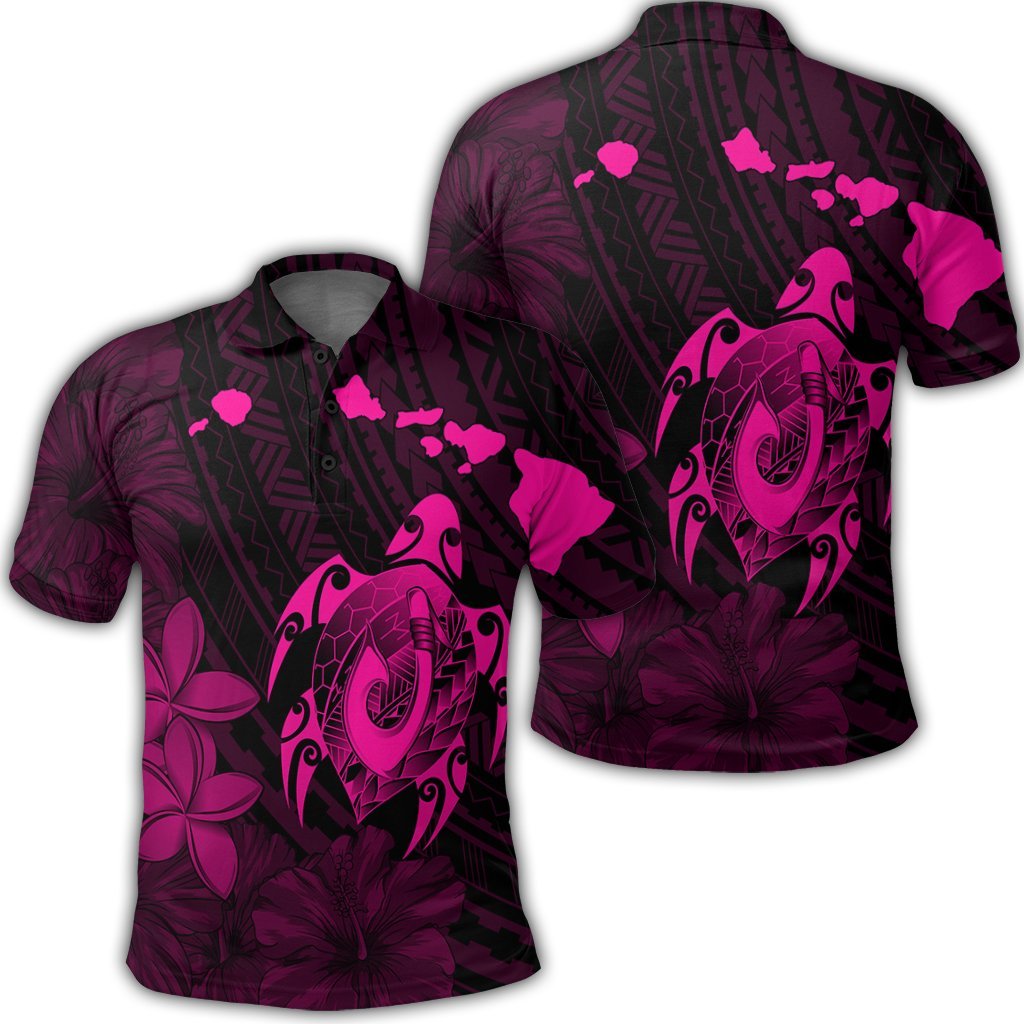 Hawaiian Map Turtle Plumeria Hibiscus Fish Hook Polynesian Polo Shirt Pink Unisex Black - Polynesian Pride