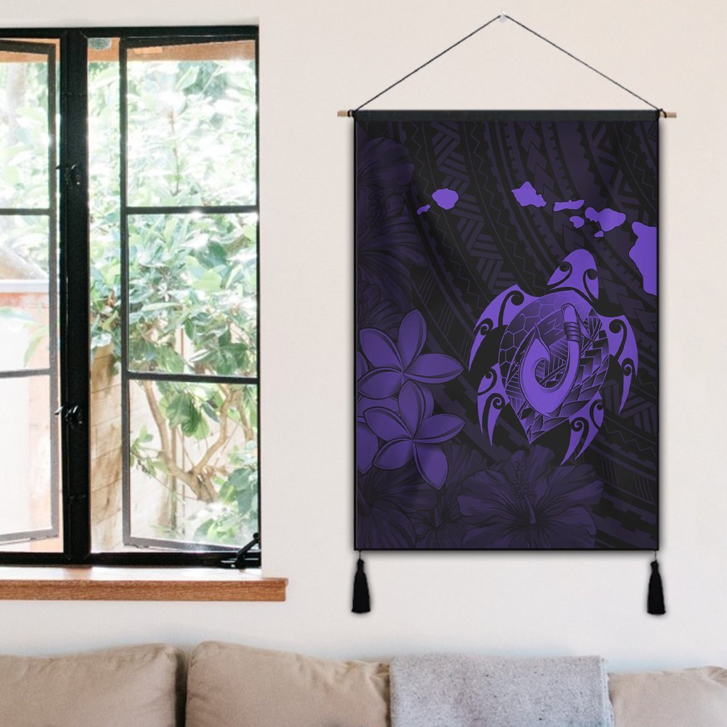 Hawaiian Map Turtle Plumeria Hibiscus Fish Hook Polynesian Hanging Poster Purple - AH - Polynesian Pride