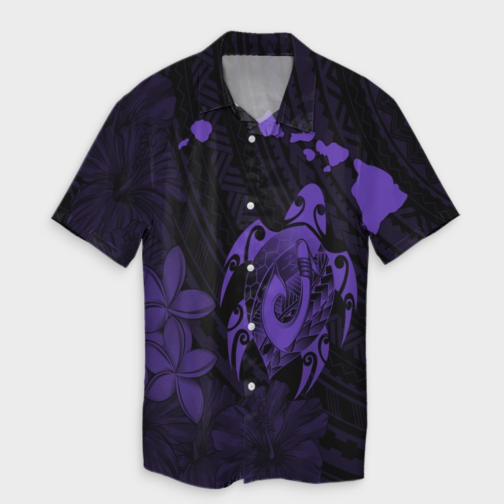 Hawaiian Map Turtle Plumeria Hibiscus Fish Hook Polynesian Hawaiian Shirt Purple - AH Unisex Black - Polynesian Pride