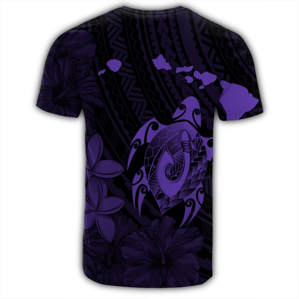 Hawaiian Map Turtle Plumeria Hibiscus Fish Hook Polynesian T Shirt Purple AH - Polynesian Pride