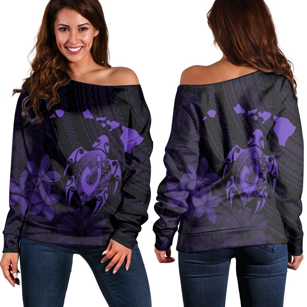 Hawaiian Map Turtle Plumeria Hibiscus Fish Hook Polynesian Women's Off Shoulder Sweater Purple - AH Black - Polynesian Pride