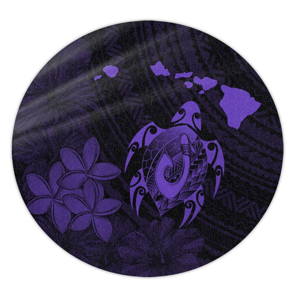 Hawaiian Map Turtle Plumeria Hibiscus Fish Hook Polynesian Round Carpet Purple - AH Round Carpet Luxurious Plush - Polynesian Pride