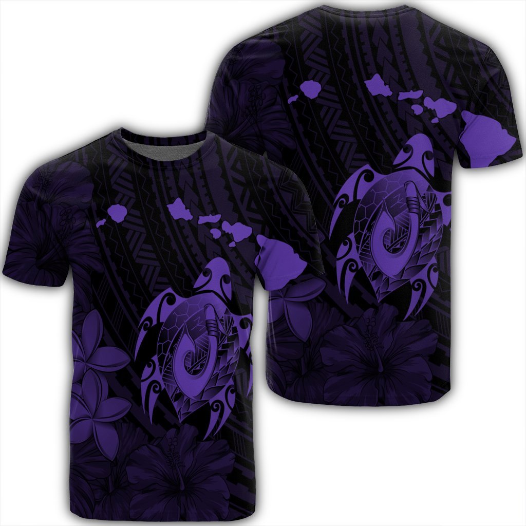 Hawaiian Map Turtle Plumeria Hibiscus Fish Hook Polynesian T Shirt Purple AH Unisex Black - Polynesian Pride