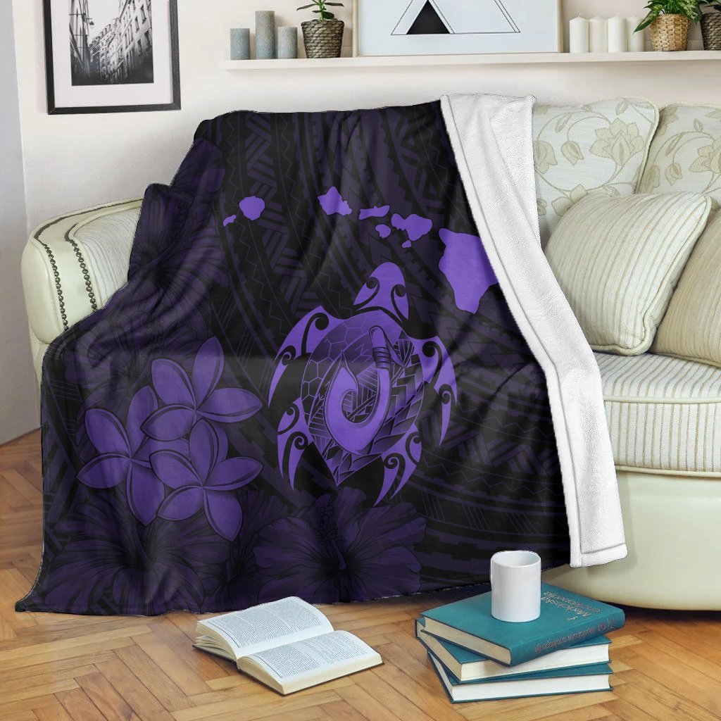 Hawaiian Map Turtle Plumeria Hibiscus Fish Hook Polynesian Premium Blankets Purple - AH White - Polynesian Pride