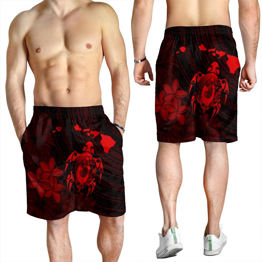Hawaiian Map Turtle Plumeria Hibiscus Fish Hook Polynesian Men's Shorts Red - AH - Polynesian Pride