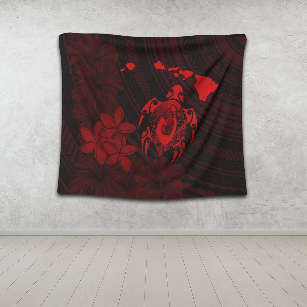 Hawaiian Map Turtle Plumeria Hibiscus Fish Hook Polynesian Tapestry Red - AH - Polynesian Pride