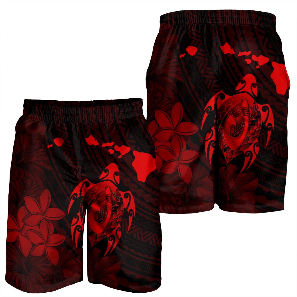 Hawaiian Map Turtle Plumeria Hibiscus Fish Hook Polynesian Men's Shorts Red - AH - Polynesian Pride