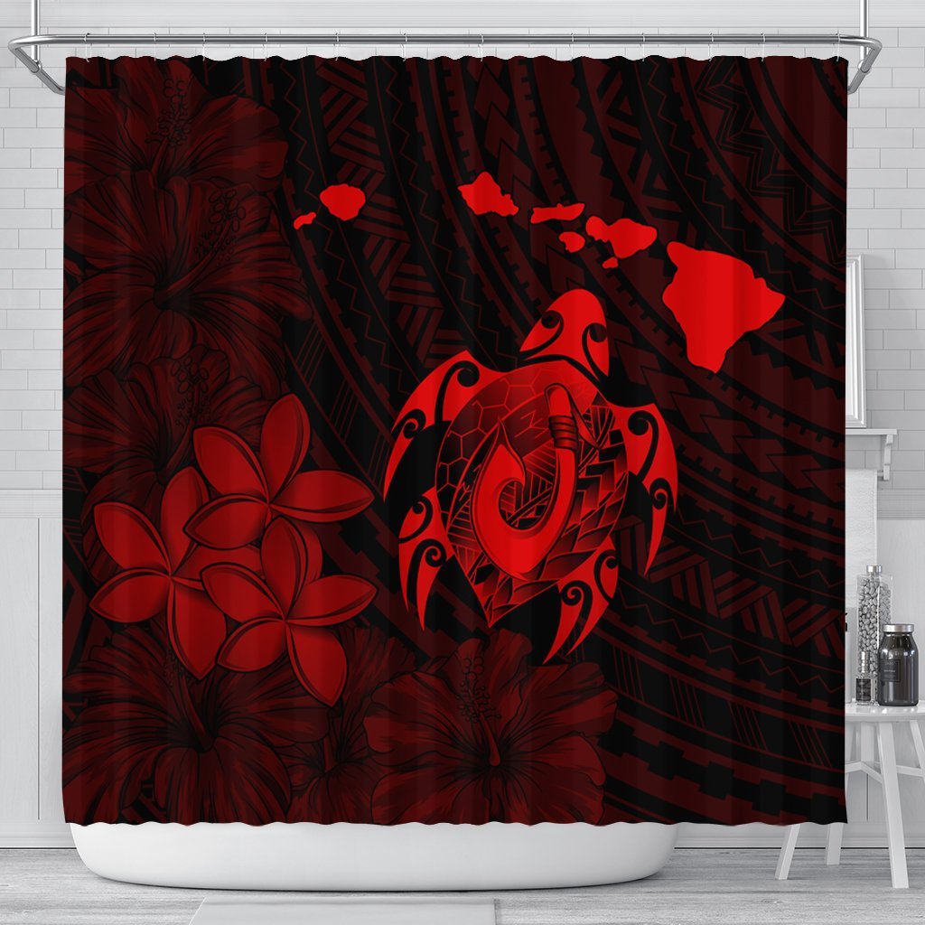 Hawaiian Map Turtle Plumeria Hibiscus Fish Hook Polynesian Shower Curtain Red - AH 177 x 172 (cm) Black - Polynesian Pride