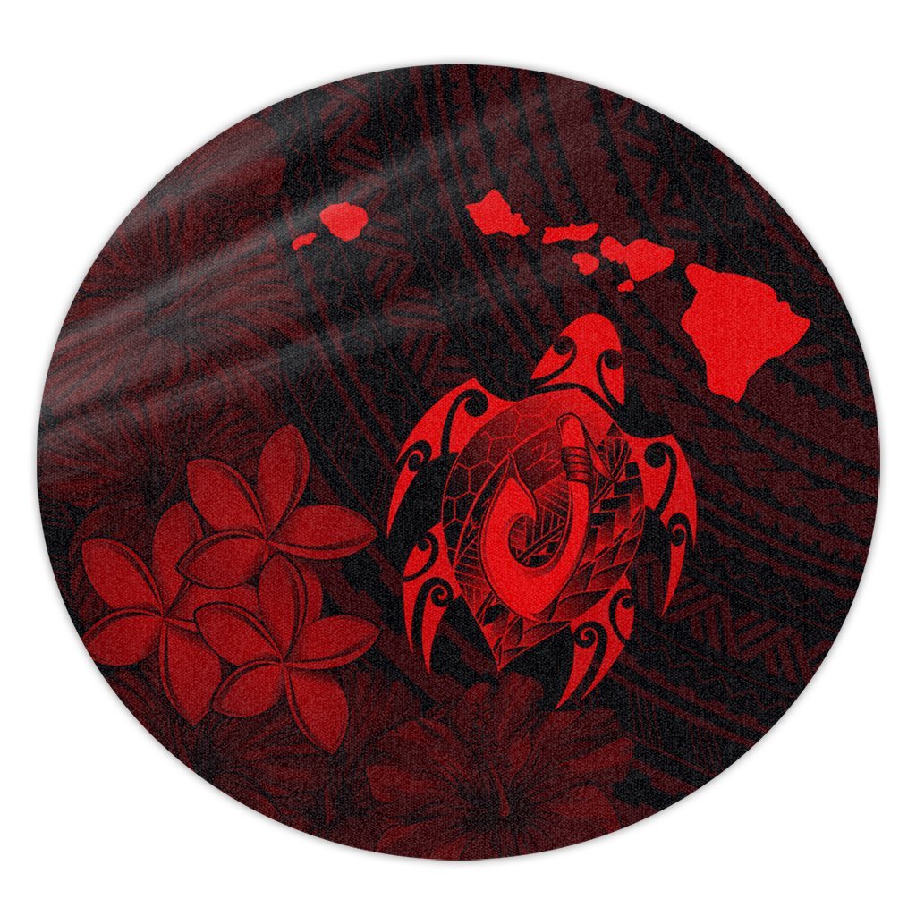 Hawaiian Map Turtle Plumeria Hibiscus Fish Hook Polynesian Round Carpet Red - AH Round Carpet Luxurious Plush - Polynesian Pride