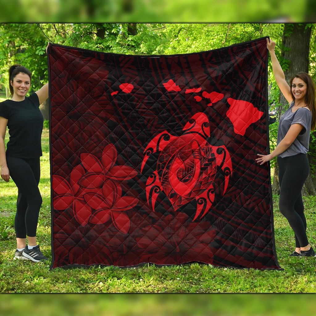 Hawaiian Map Turtle Plumeria Hibiscus Fish Hook Polynesian Premium Quilts Red - AH Black - Polynesian Pride