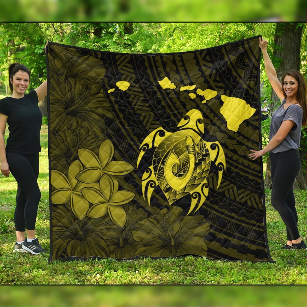 Hawaiian Map Turtle Plumeria Hibiscus Fish Hook Polynesian Premium Quilts Yellow - AH Black - Polynesian Pride