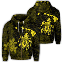 Hawaiian Map Turtle Plumeria Hibiscus Fish Hook Polynesian Zip Hoodie Yellow Unisex Art - Polynesian Pride