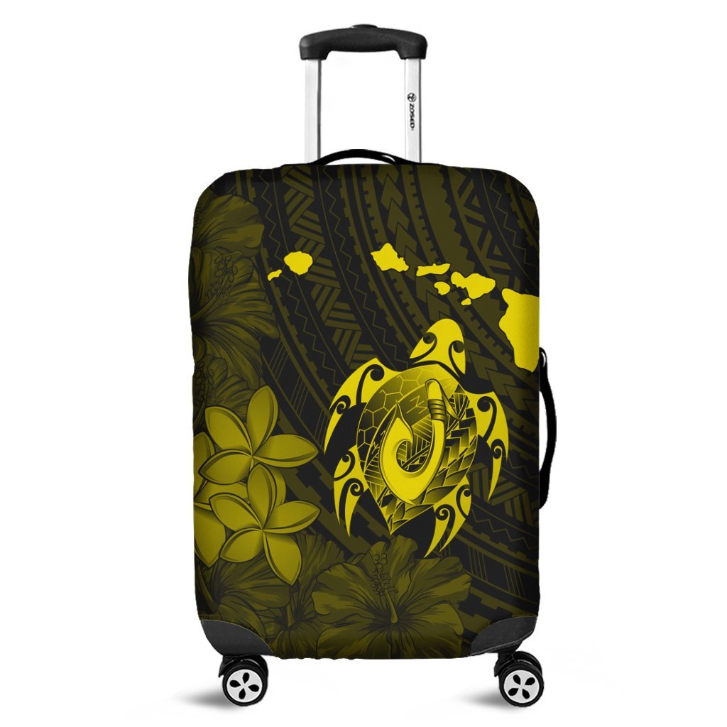 Hawaiian Map Turtle Plumeria Hibiscus Fish Hook Polynesian Luggage Covers Yellow - AH Black - Polynesian Pride