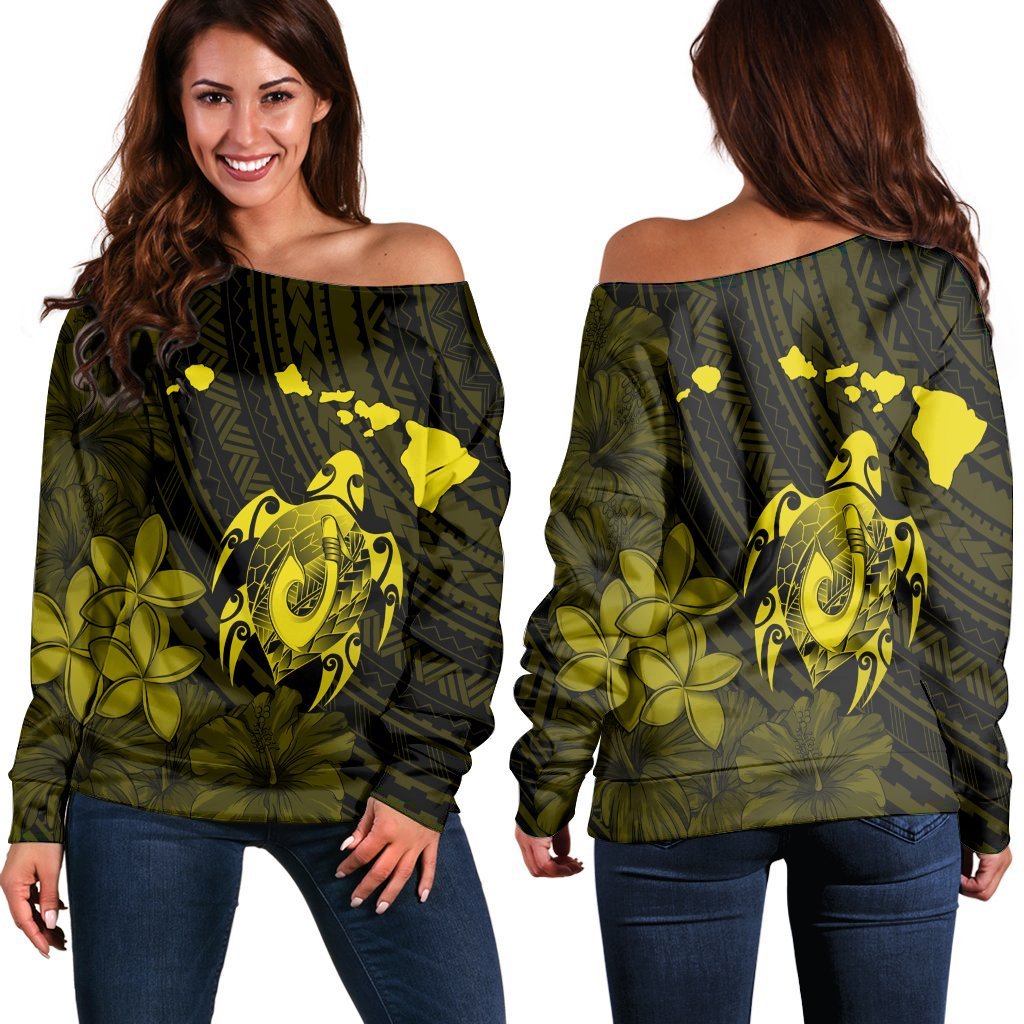 Hawaiian Map Turtle Plumeria Hibiscus Fish Hook Polynesian Women's Off Shoulder Sweater Yellow - AH Black - Polynesian Pride