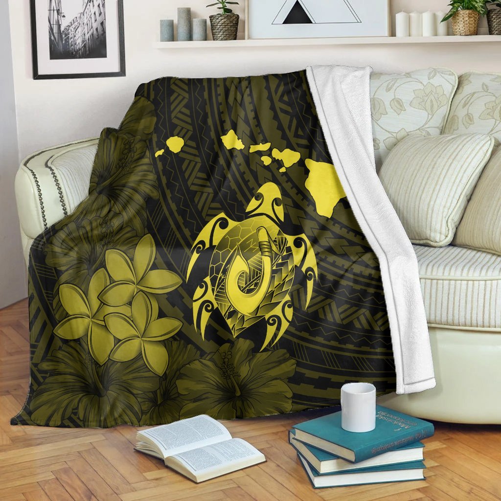 Hawaiian Map Turtle Plumeria Hibiscus Fish Hook Polynesian Premium Blankets Yellow - AH White - Polynesian Pride