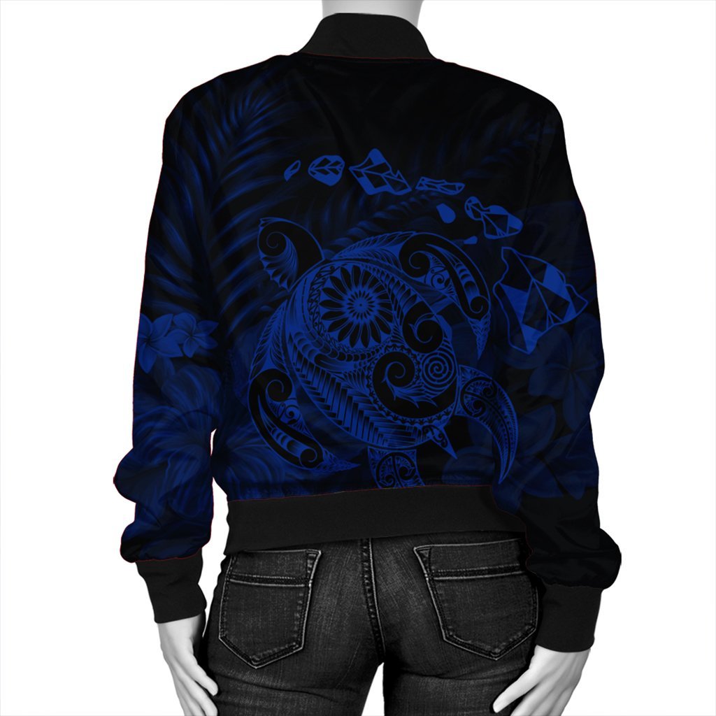 Hawaiian Map Turtle Tattoo Hibiscus Plumeria Polynesian Bomber Jacket - Blue - AH - Polynesian Pride