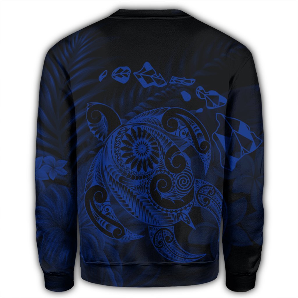 Hawaiian Map Turtle Tattoo Hibiscus Plumeria Polynesian Sweatshirt - Blue - AH - Polynesian Pride
