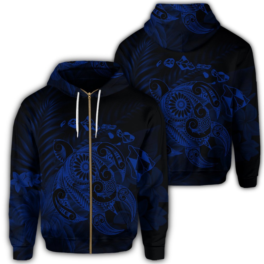 Hawaiian Map Turtle Tattoo Hibiscus Plumeria Polynesian Zip Hoodie Blue Unisex Art - Polynesian Pride