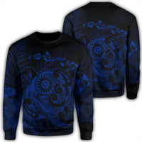 Hawaiian Map Turtle Tattoo Hibiscus Plumeria Polynesian Sweatshirt - Blue - AH Unisex Black - Polynesian Pride