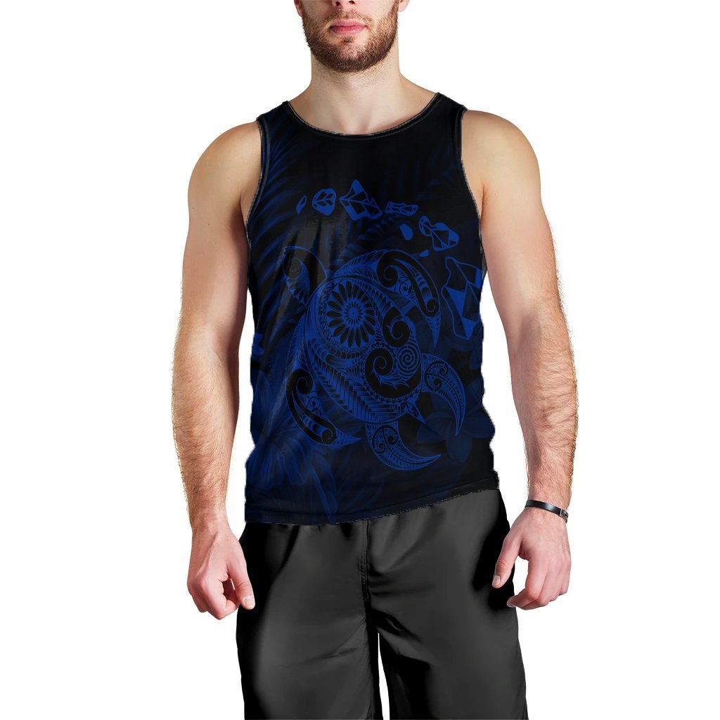 Hawaiian Map Turtle Tattoo Hibiscus Plumeria Polynesian Tank Top - Blue - AH Black - Polynesian Pride