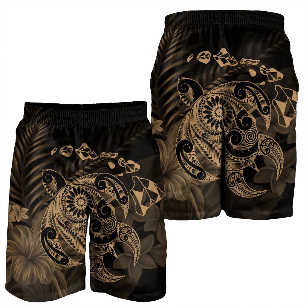 Hawaiian Map Turtle Tattoo Hibiscus Plumeria Polynesian Men's Shorts - Gold - AH - Polynesian Pride