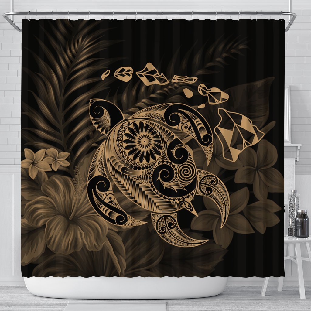 Hawaiian Map Turtle Tattoo Hibiscus Plumeria Polynesian Shower Curtain - Gold - AH 177 x 172 (cm) Black - Polynesian Pride