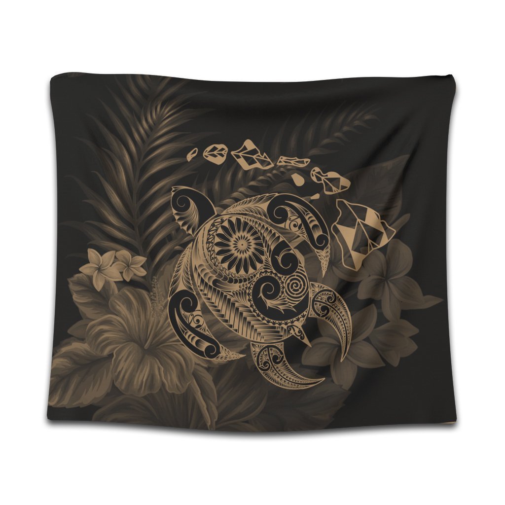 Hawaiian Map Turtle Tattoo Hibiscus Plumeria Polynesian Tapestry - Gold - AH Wall Tapestry Black - Polynesian Pride