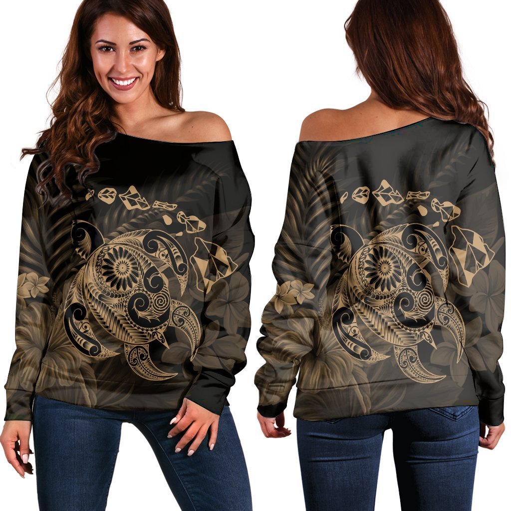 Hawaiian Map Turtle Tattoo Hibiscus Plumeria Polynesian Women's Off Shoulder Sweater - Gold - AH Black - Polynesian Pride