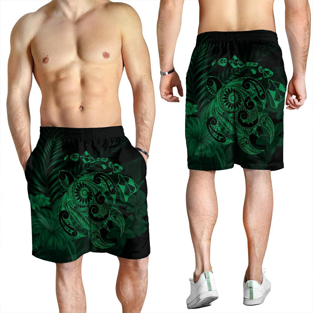 Hawaiian Map Turtle Tattoo Hibiscus Plumeria Polynesian Men's Shorts - Green - AH - Polynesian Pride