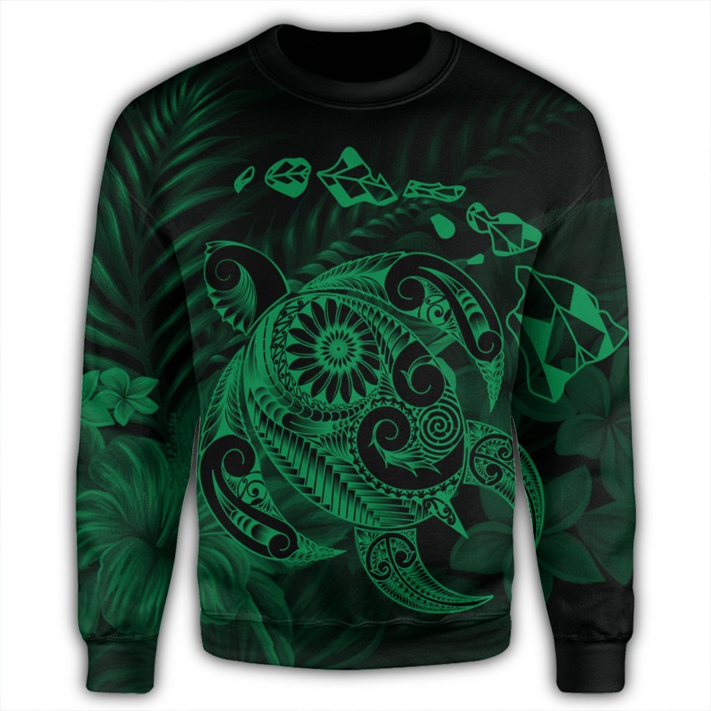 Hawaiian Map Turtle Tattoo Hibiscus Plumeria Polynesian Sweatshirt - Green - AH - Polynesian Pride