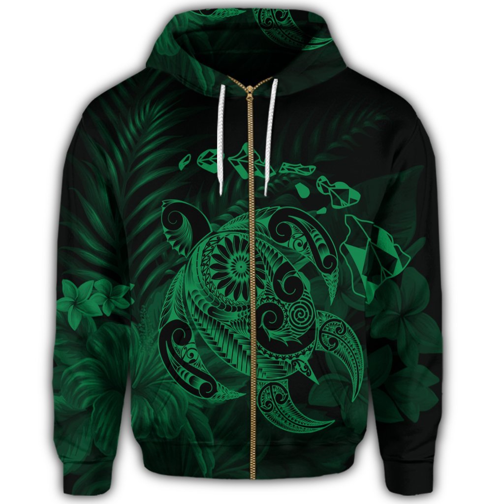 Hawaiian Map Turtle Tattoo Hibiscus Plumeria Polynesian Zip Hoodie Green - Polynesian Pride