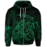 Hawaiian Map Turtle Tattoo Hibiscus Plumeria Polynesian Zip Hoodie Green - Polynesian Pride
