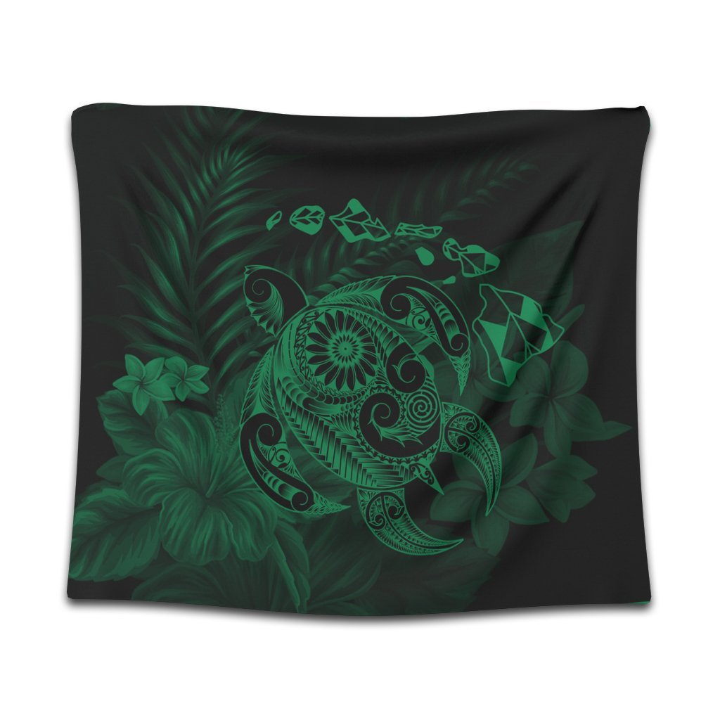 Hawaiian Map Turtle Tattoo Hibiscus Plumeria Polynesian Tapestry - Green - AH Wall Tapestry Black - Polynesian Pride