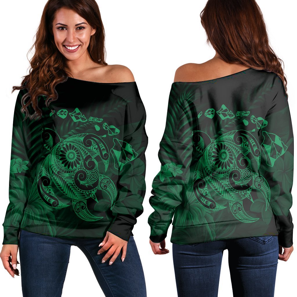 Hawaiian Map Turtle Tattoo Hibiscus Plumeria Polynesian Women's Off Shoulder Sweater - Green - AH Black - Polynesian Pride