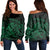 Hawaiian Map Turtle Tattoo Hibiscus Plumeria Polynesian Women's Off Shoulder Sweater - Green - AH Black - Polynesian Pride