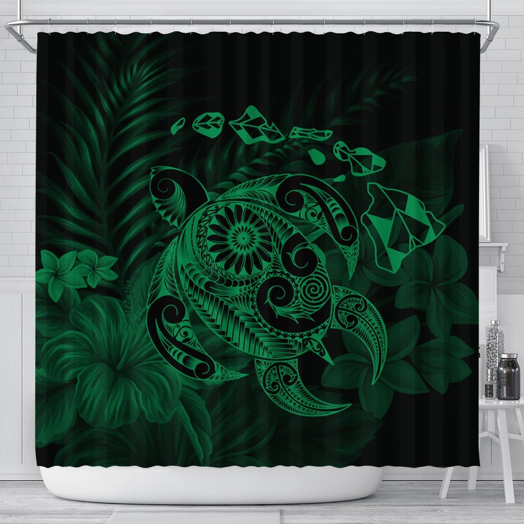 Hawaiian Map Turtle Tattoo Hibiscus Plumeria Polynesian Shower Curtain - Green - AH 177 x 172 (cm) Black - Polynesian Pride