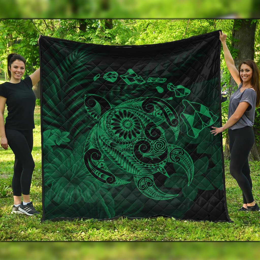 Hawaiian Map Turtle Tattoo Hibiscus Plumeria Polynesian Premium Quilts - Green - AH Black - Polynesian Pride