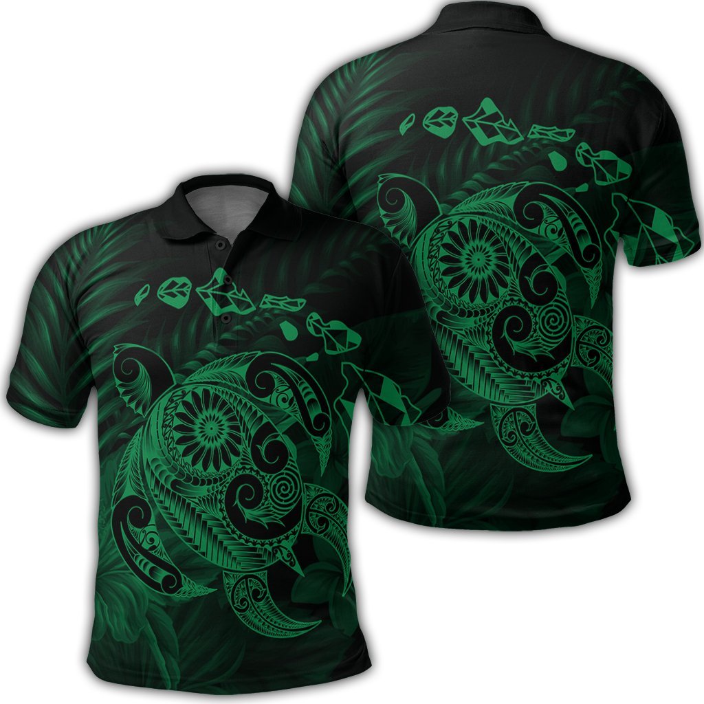 Hawaiian Map Turtle Tattoo Hibiscus Plumeria Polynesian Polo Shirt Green Unisex Black - Polynesian Pride